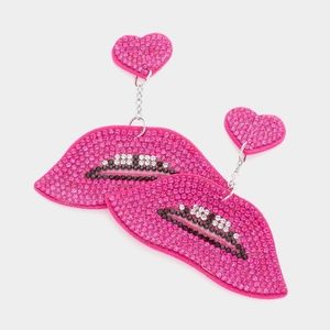 Fuchsia Heart Bling Dangle Lip Earrings Cute Fashion Statement Accessories